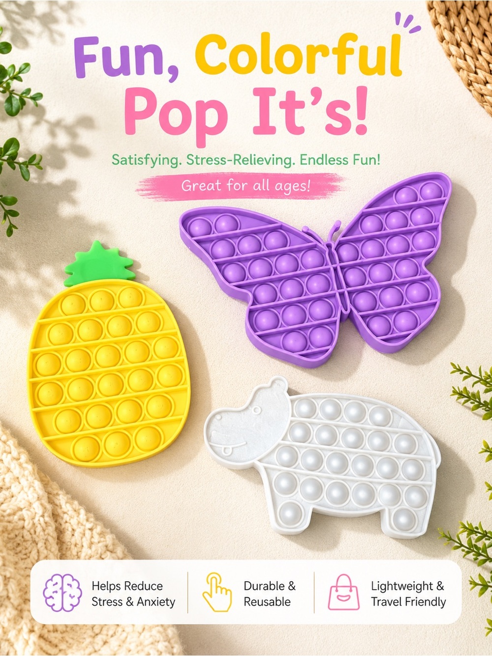Fidget Toy Pop It Lot Butterfly, Pineapple, Rhinoceros